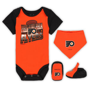 Infant Mitchell & Ness Orange/Black Philadelphia Flyers Big Score 3-Pack Bodysuit, Bib and Bootie Set